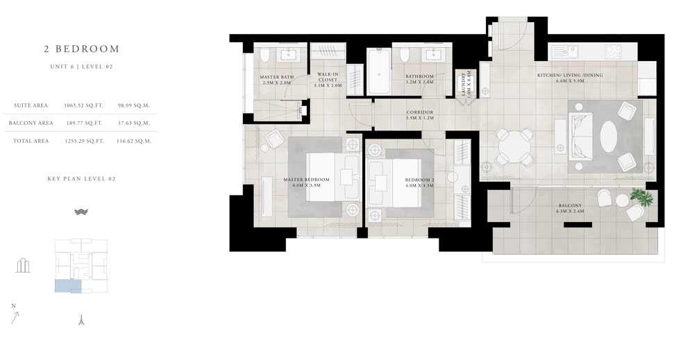 2-Bed, Unit-6,Level-02,Size-1255.29-sq.ft